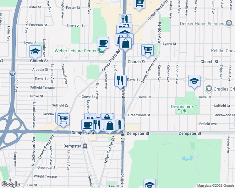 map of restaurants, bars, coffee shops, grocery stores, and more near 9016 La Crosse Avenue in Skokie