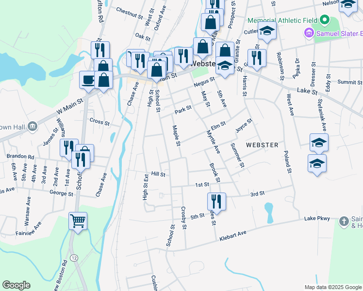 map of restaurants, bars, coffee shops, grocery stores, and more near 6 Elm Street in Webster