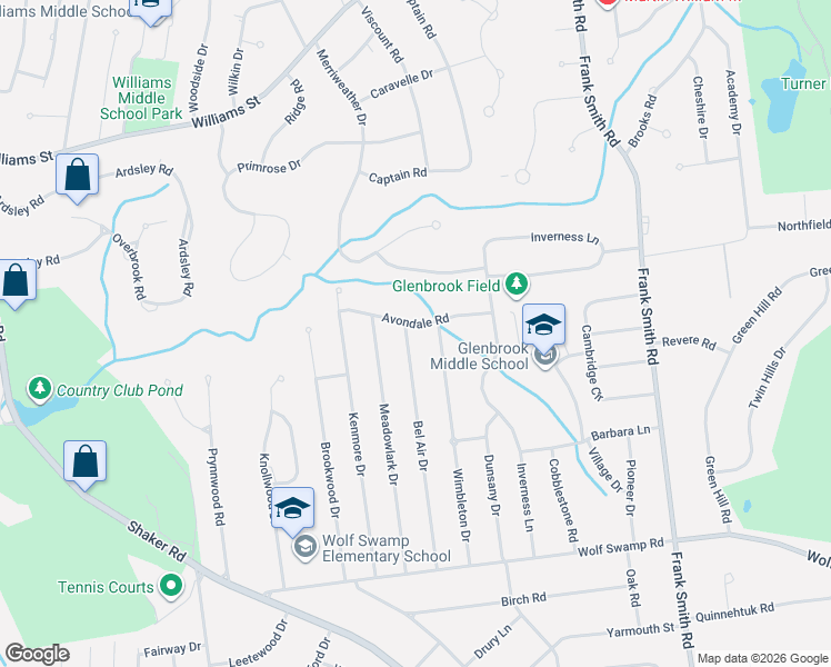 map of restaurants, bars, coffee shops, grocery stores, and more near 70 Avondale Road in Longmeadow