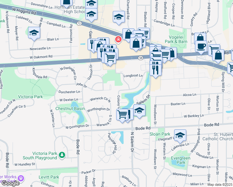 map of restaurants, bars, coffee shops, grocery stores, and more near 1004 Colony Lake Drive in Schaumburg