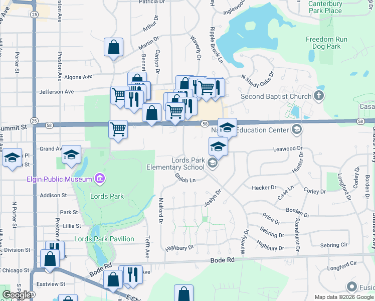 map of restaurants, bars, coffee shops, grocery stores, and more near 395 Waverly Drive in Elgin