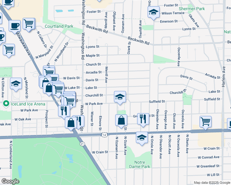 map of restaurants, bars, coffee shops, grocery stores, and more near 7745 Lake Street in Morton Grove