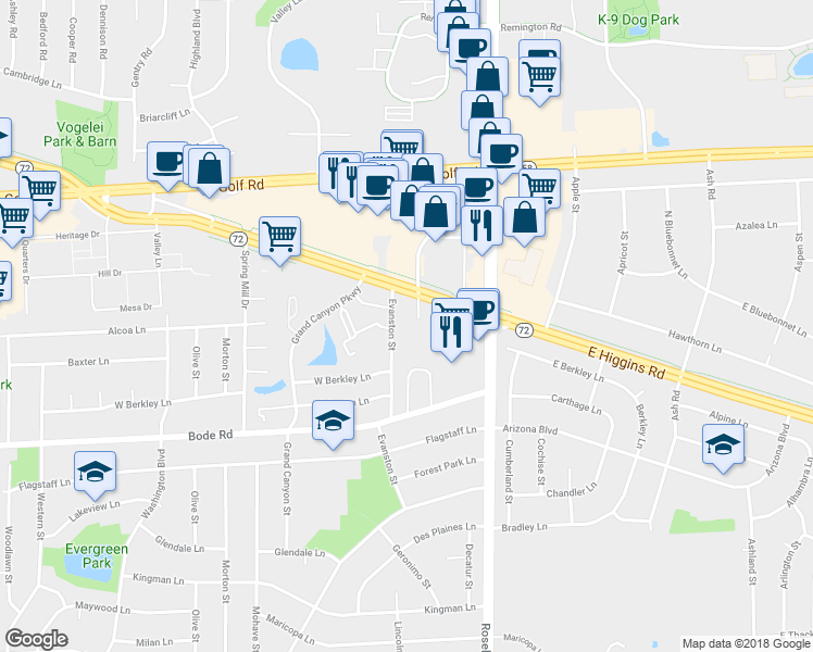 map of restaurants, bars, coffee shops, grocery stores, and more near 155 West Higgins Road in Hoffman Estates