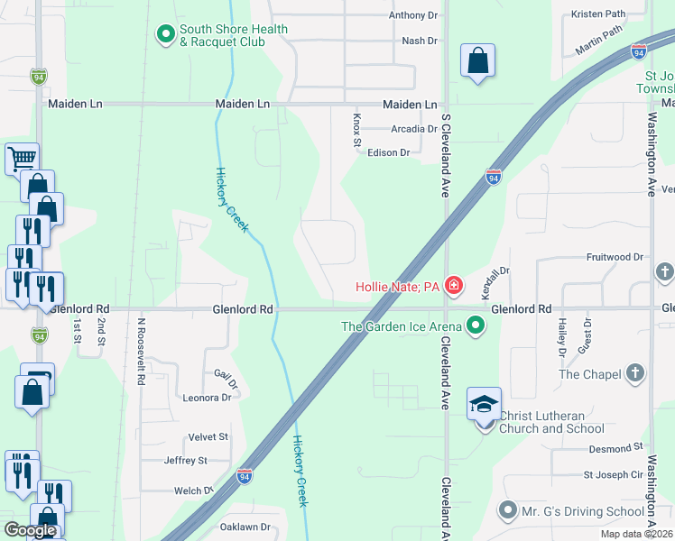 map of restaurants, bars, coffee shops, grocery stores, and more near 4001 Fox Woods Road in St. Joseph