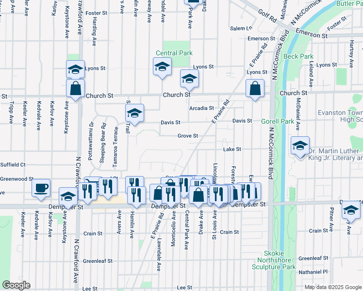 map of restaurants, bars, coffee shops, grocery stores, and more near 3609 Grove Street in Skokie