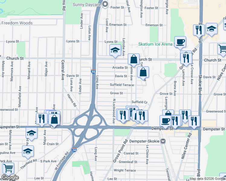 map of restaurants, bars, coffee shops, grocery stores, and more near 9015 Lockwood Avenue in Skokie