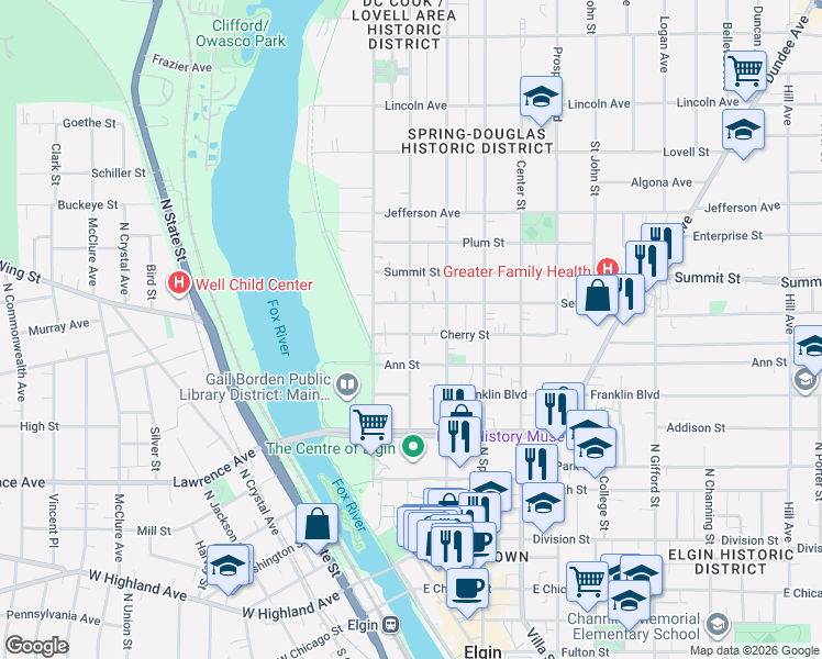 map of restaurants, bars, coffee shops, grocery stores, and more near 408 Brook Street in Elgin