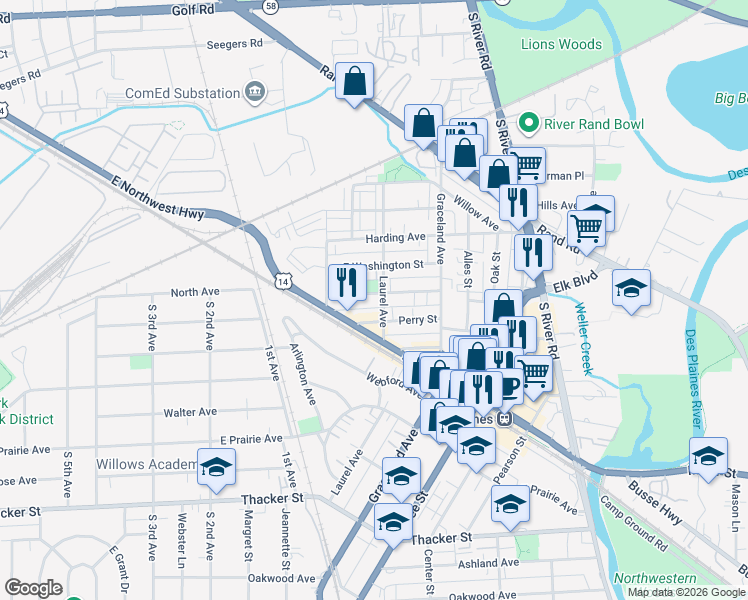 map of restaurants, bars, coffee shops, grocery stores, and more near 1287 Brown Street in Des Plaines