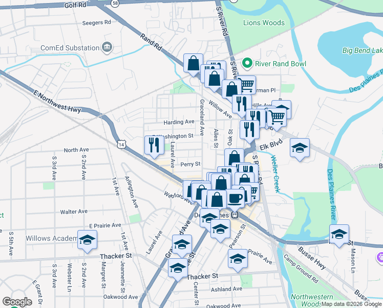 map of restaurants, bars, coffee shops, grocery stores, and more near 1363 Brown Street in Des Plaines