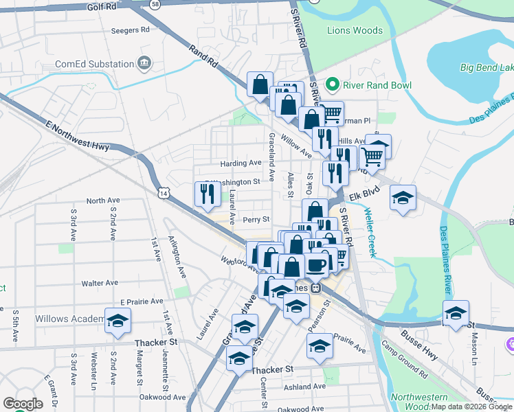 map of restaurants, bars, coffee shops, grocery stores, and more near 1363 Brown Street in Des Plaines