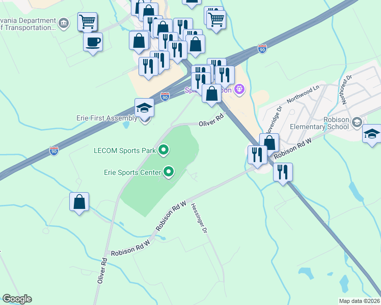 map of restaurants, bars, coffee shops, grocery stores, and more near 8155 Oliver Road in Erie