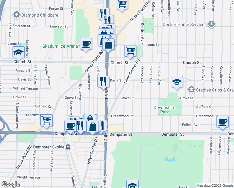 map of restaurants, bars, coffee shops, grocery stores, and more near 9017 Keating Avenue in Skokie