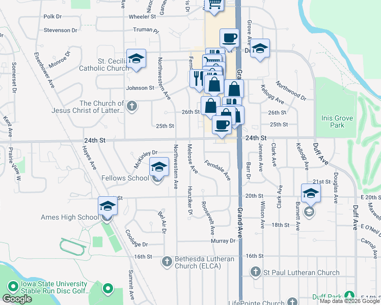 map of restaurants, bars, coffee shops, grocery stores, and more near 2305 Ferndale Avenue in Ames