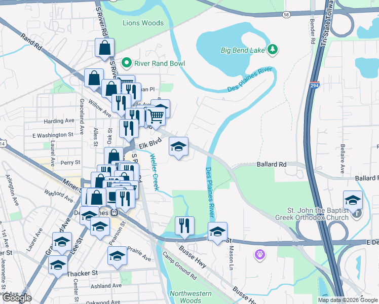 map of restaurants, bars, coffee shops, grocery stores, and more near 1771 Rand Road in Des Plaines