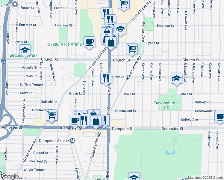 map of restaurants, bars, coffee shops, grocery stores, and more near 9017 Skokie Boulevard in Skokie