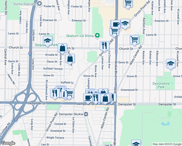 map of restaurants, bars, coffee shops, grocery stores, and more near 9021 Lavergne Avenue in Skokie