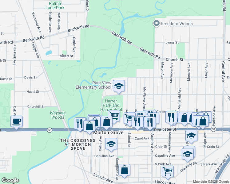map of restaurants, bars, coffee shops, grocery stores, and more near in Morton Grove