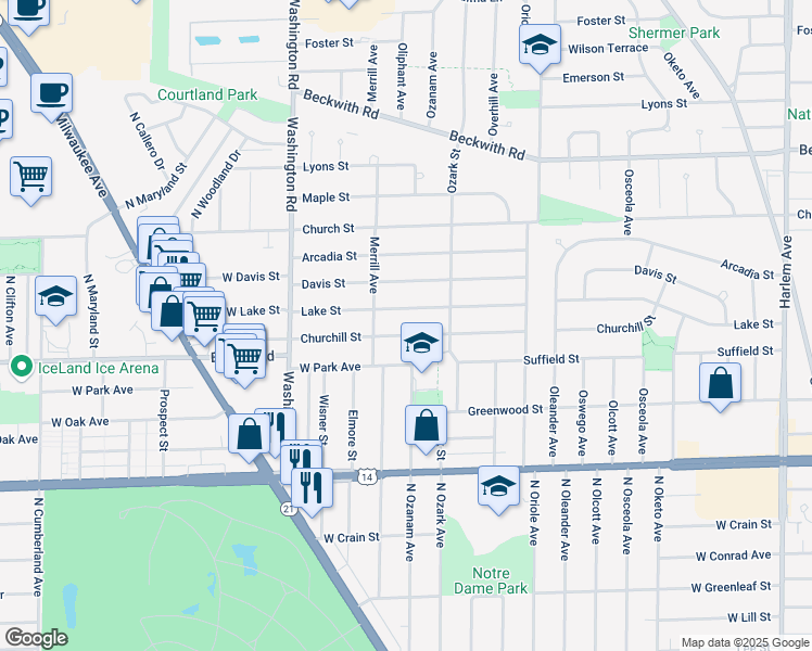 map of restaurants, bars, coffee shops, grocery stores, and more near 7745 Lake Street in Morton Grove