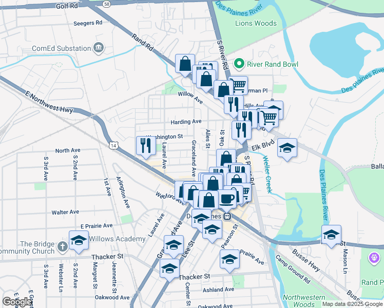 map of restaurants, bars, coffee shops, grocery stores, and more near 1397 Brown Street in Des Plaines