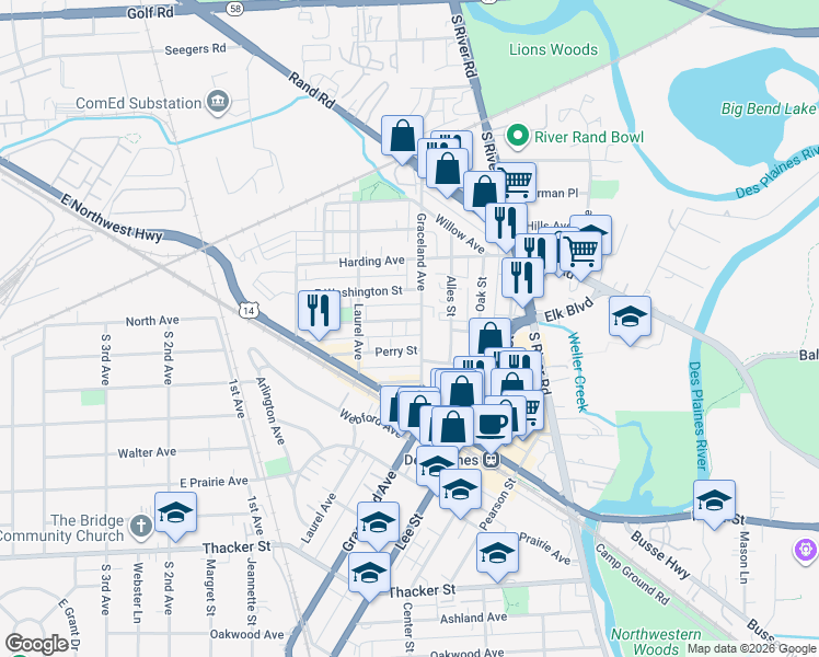 map of restaurants, bars, coffee shops, grocery stores, and more near 1397 Brown Street in Des Plaines