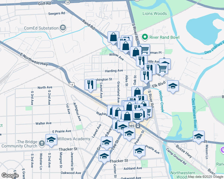map of restaurants, bars, coffee shops, grocery stores, and more near 1336 Brown Street in Des Plaines