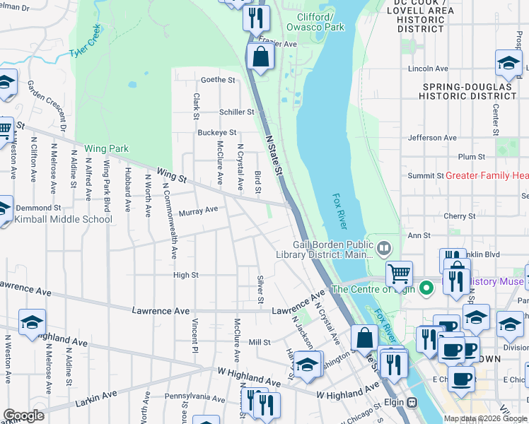 map of restaurants, bars, coffee shops, grocery stores, and more near 621 Wing Street in Elgin