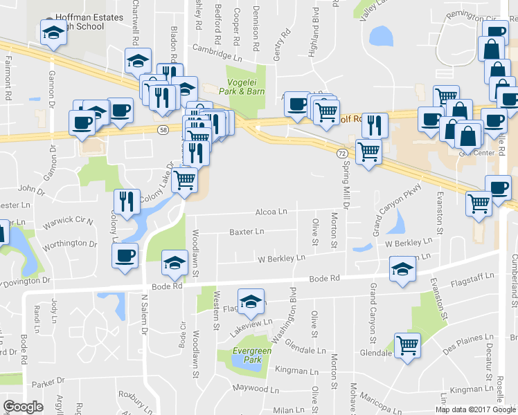 map of restaurants, bars, coffee shops, grocery stores, and more near 610 Alcoa Lane in Hoffman Estates
