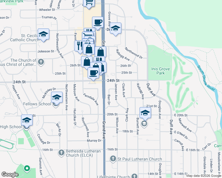 map of restaurants, bars, coffee shops, grocery stores, and more near 2111 Barr Drive in Ames