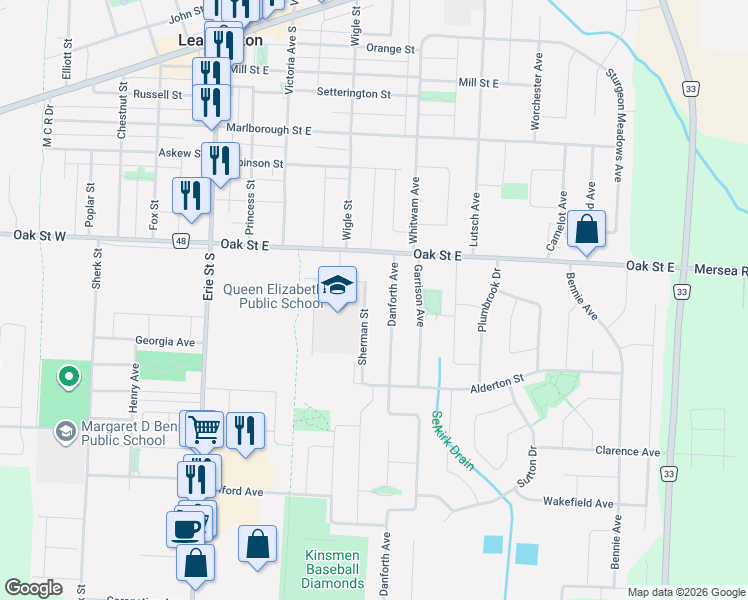 map of restaurants, bars, coffee shops, grocery stores, and more near 2 Sherman Street in Leamington