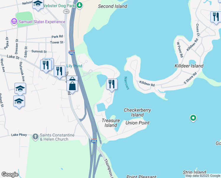 map of restaurants, bars, coffee shops, grocery stores, and more near 17 Birch Drive in Webster