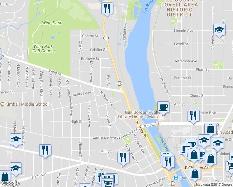 map of restaurants, bars, coffee shops, grocery stores, and more near 621 Wing Street in Elgin