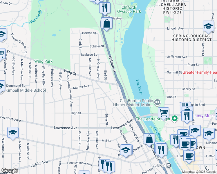 map of restaurants, bars, coffee shops, grocery stores, and more near 621 Wing Street in Elgin
