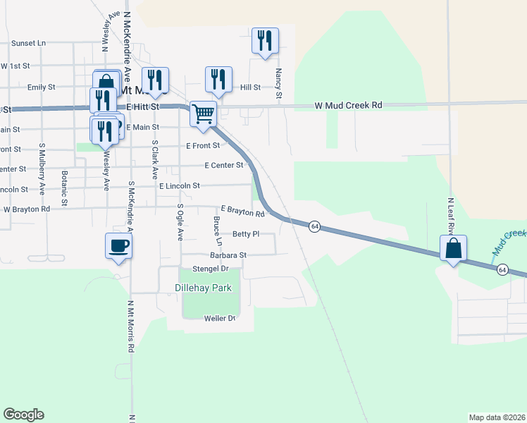 map of restaurants, bars, coffee shops, grocery stores, and more near 504 East Brayton Road in Mount Morris
