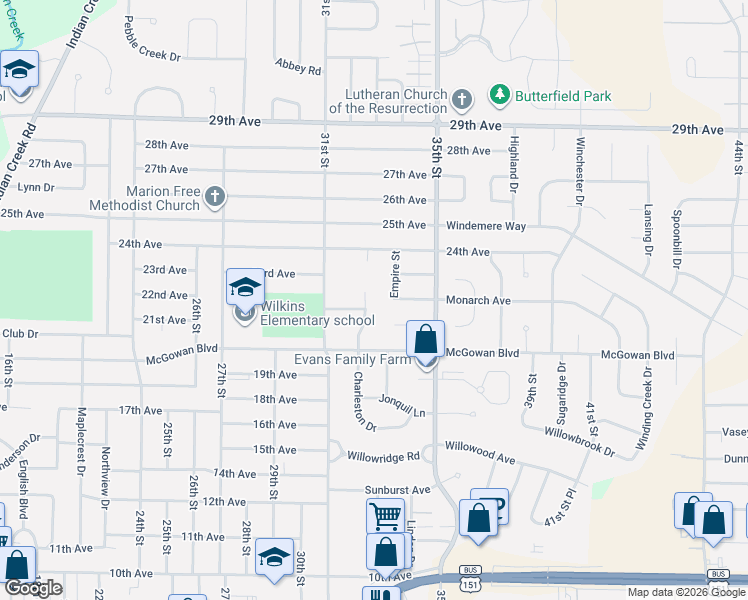 map of restaurants, bars, coffee shops, grocery stores, and more near 2220 Empire Street in Marion