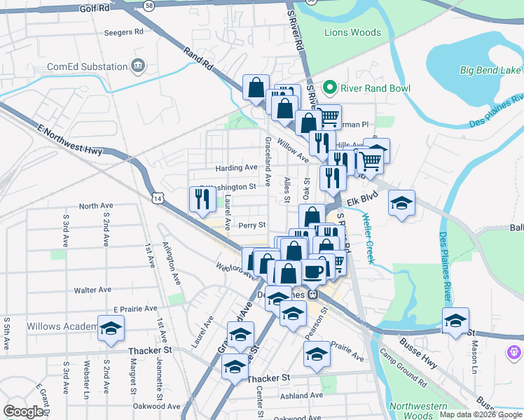 map of restaurants, bars, coffee shops, grocery stores, and more near 1385 Brown Street in Des Plaines