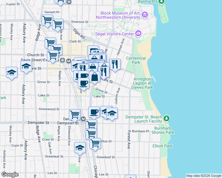 map of restaurants, bars, coffee shops, grocery stores, and more near 1513 Hinman Avenue in Evanston