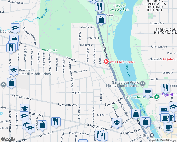 map of restaurants, bars, coffee shops, grocery stores, and more near 753 Murray Avenue in Elgin