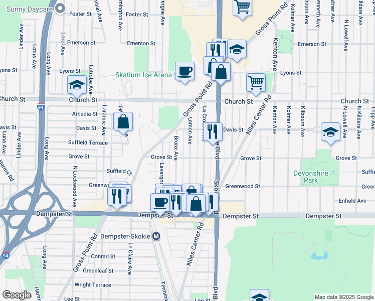 map of restaurants, bars, coffee shops, grocery stores, and more near 9012 Lamon Avenue in Skokie