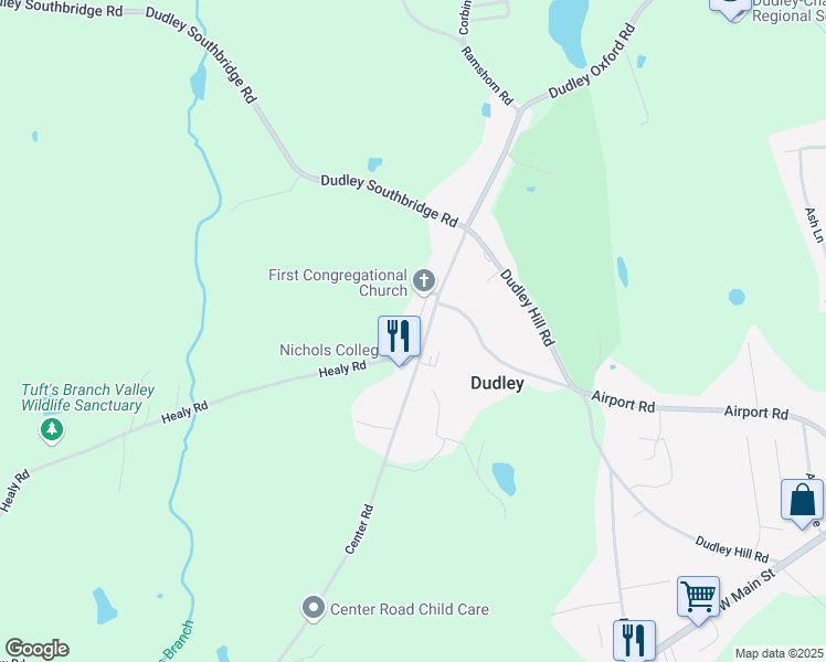 map of restaurants, bars, coffee shops, grocery stores, and more near 129 Center Road in Dudley