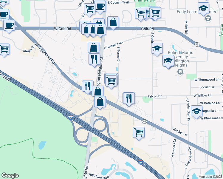 map of restaurants, bars, coffee shops, grocery stores, and more near 100 East Algonquin Road in Arlington Heights