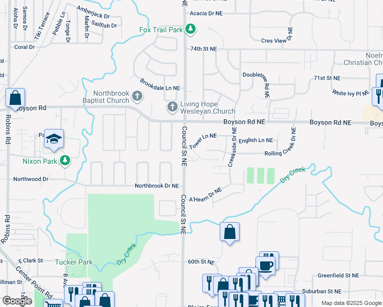 map of restaurants, bars, coffee shops, grocery stores, and more near 1475 Tower Lane Northeast in Cedar Rapids