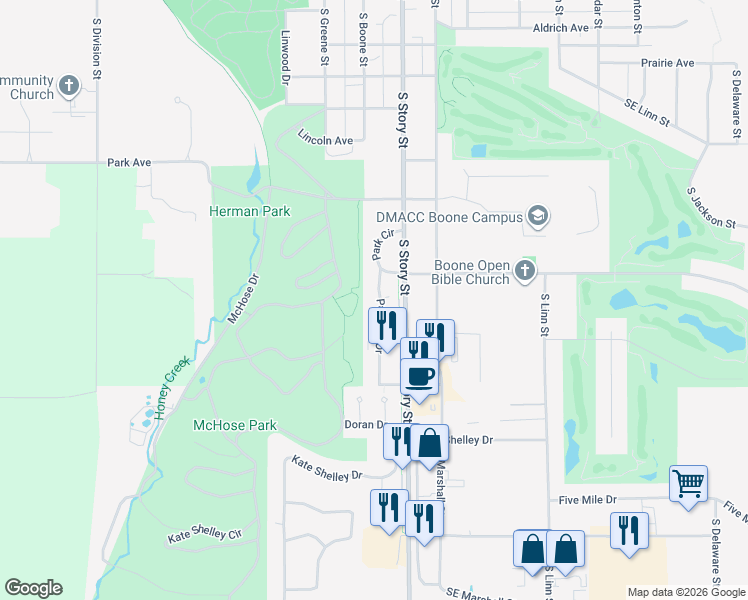 map of restaurants, bars, coffee shops, grocery stores, and more near 1016 Parkway Drive in Boone