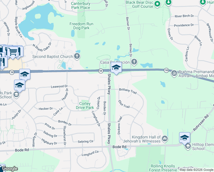 map of restaurants, bars, coffee shops, grocery stores, and more near 1395 Borden Drive in Elgin
