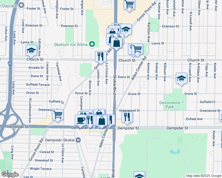 map of restaurants, bars, coffee shops, grocery stores, and more near 9017 Skokie Boulevard in Skokie