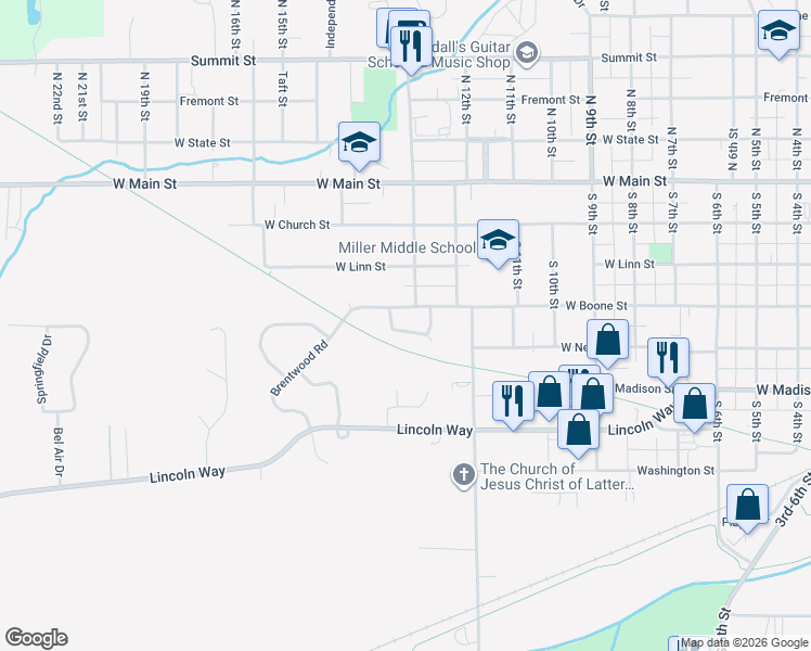 map of restaurants, bars, coffee shops, grocery stores, and more near 311 Harrison Drive in Marshalltown