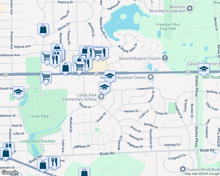 map of restaurants, bars, coffee shops, grocery stores, and more near 1038 North Shady Oaks Drive in Elgin
