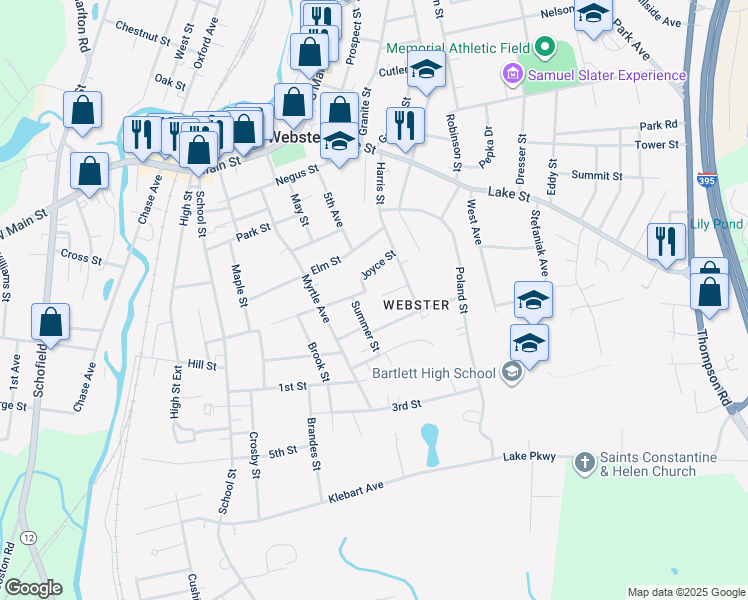 map of restaurants, bars, coffee shops, grocery stores, and more near 31 Joyce Street in Webster