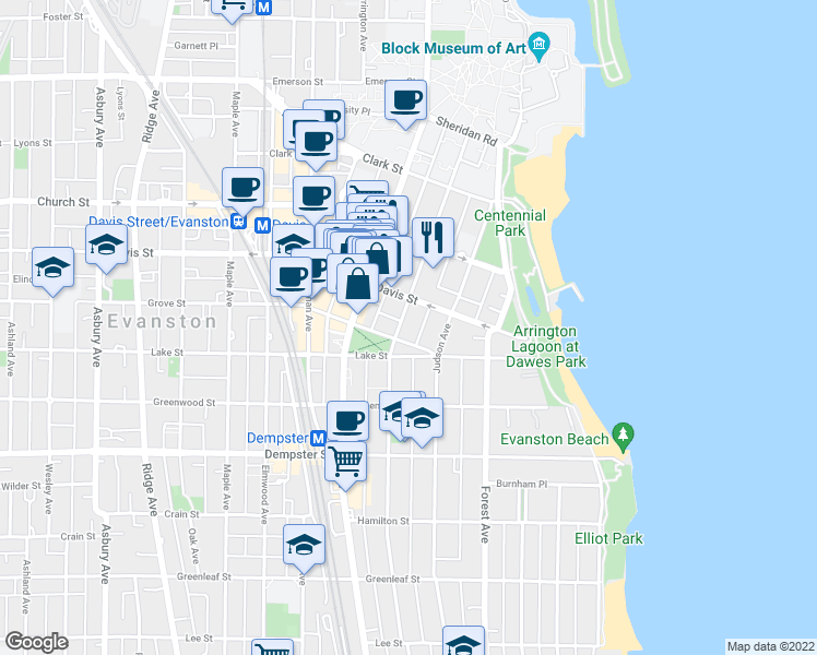 map of restaurants, bars, coffee shops, grocery stores, and more near in Evanston