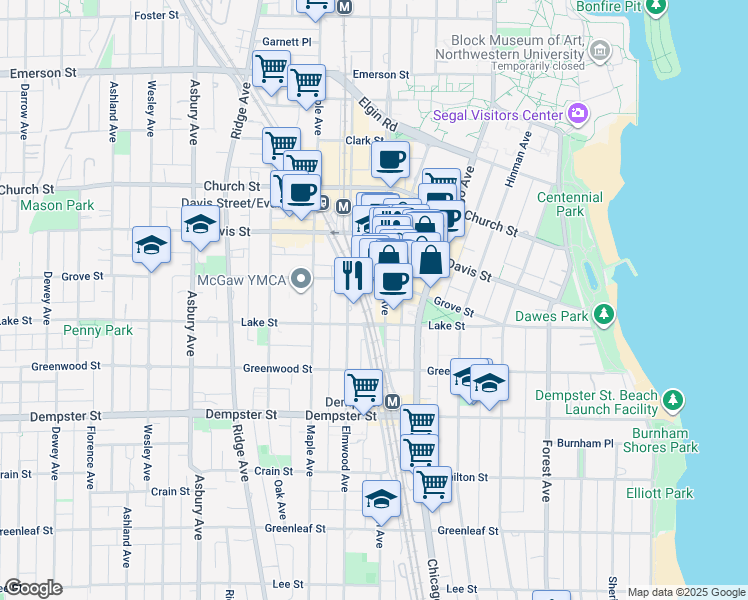 map of restaurants, bars, coffee shops, grocery stores, and more near 1506 Sherman Avenue in Evanston