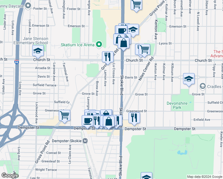 map of restaurants, bars, coffee shops, grocery stores, and more near 9016 La Crosse Avenue in Skokie